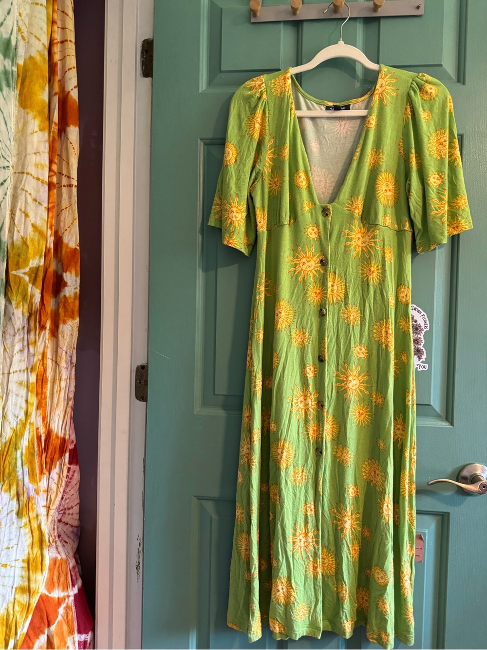 Modcloth Green Midi Dress with Yellow Sunburst Print